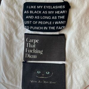 Set of Three Black Zipper Pouches with Quotes, new